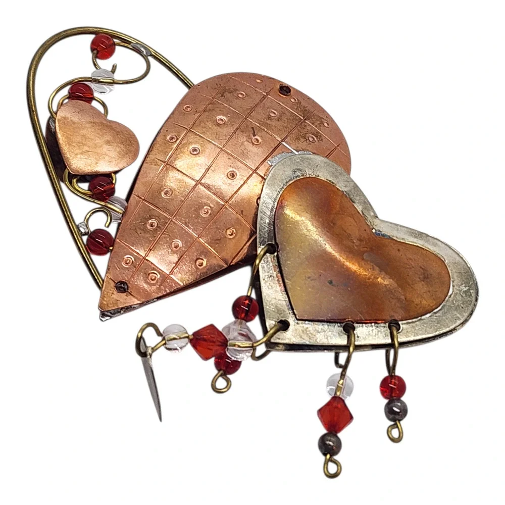 Vintage BIG Multi Puffy Heart Dangle Brooch Pin Red Beads Mixed Metal Handmade - Picture 5 of 6